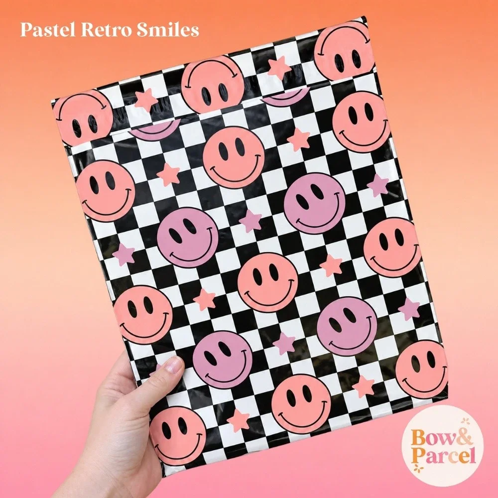 Pastel Retro Smiles 10x13 Cute Poly Mailers Shipping Bags 25 Pack Waterproof